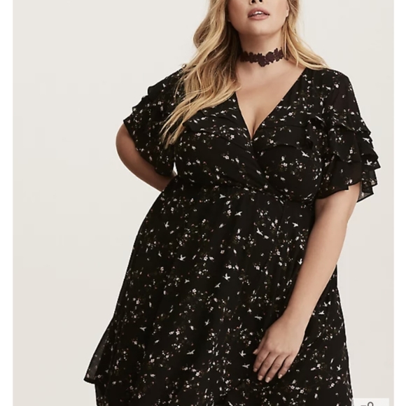 torrid Dresses & Skirts - Torrid Black floral crane avian print chiffon ruffle faux wrap dress 3